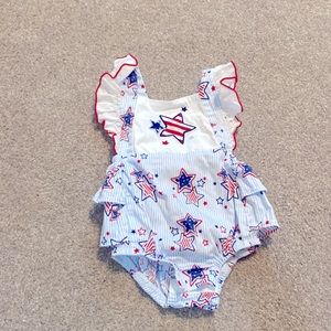 Patriotic Romper (starts) with ruffle bottom and flutter sleeves 9M